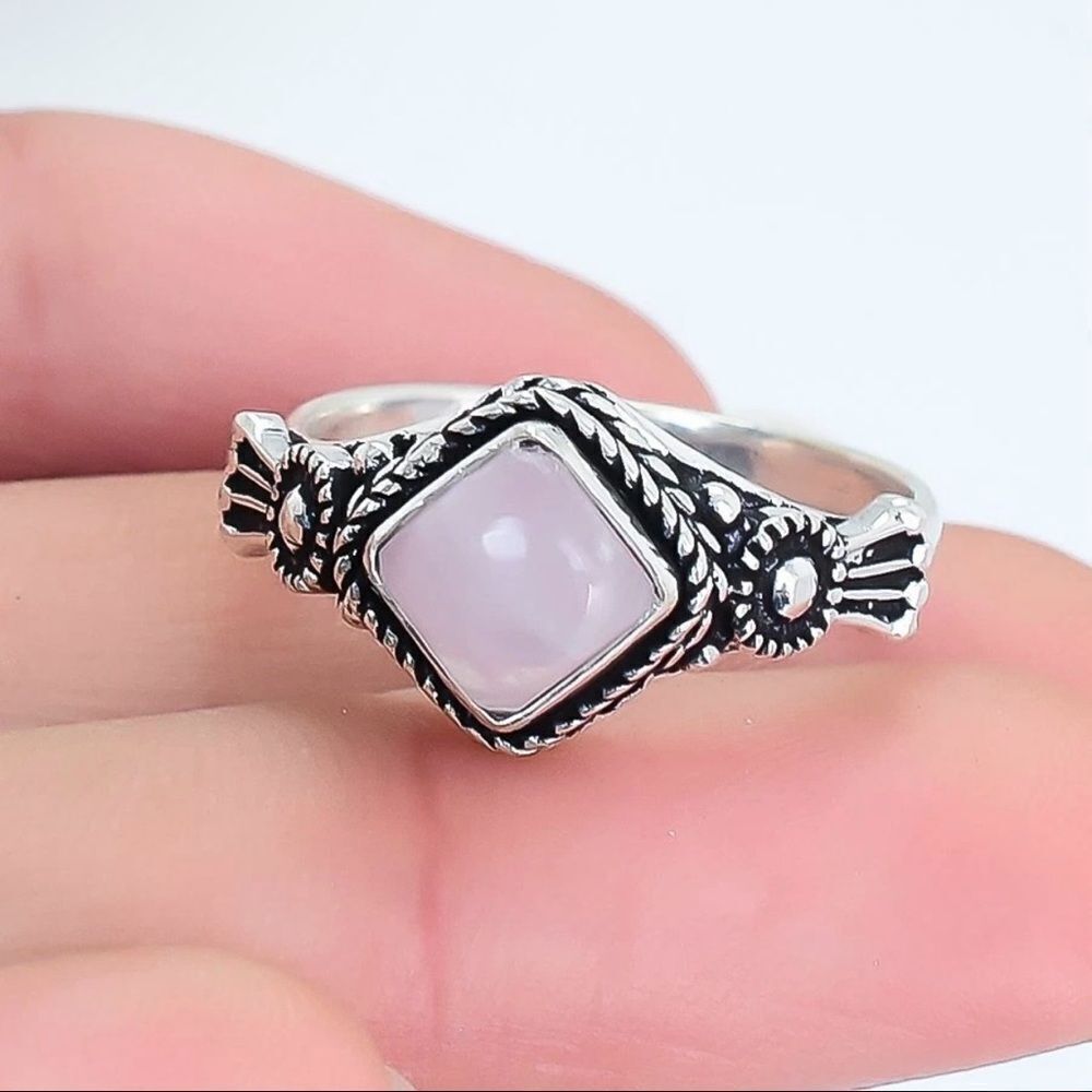Natural Cushion Cut Rose Quartz Gemstone Ring Framed Silver Size 7 New *